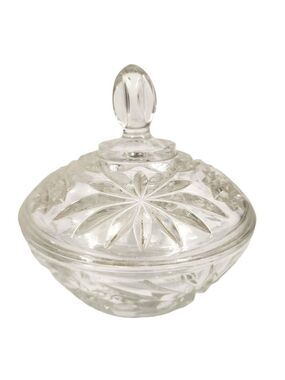 Anchor Hocking American Starburst Cut Glass Covered Candy Dish 1970's 5"x5"